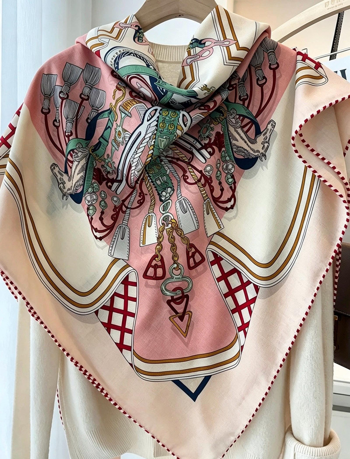 100% Silk Wool Scarf 53"x53" 135x135cm, Symmetrical Saddle Art Luxury Shawl, Quiet Luxury Large Square Wrap, Old Money Aesthetic Gift
