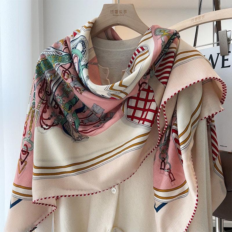 100% Silk Wool Scarf 53"x53" 135x135cm, Symmetrical Saddle Art Luxury Shawl, Quiet Luxury Large Square Wrap, Old Money Aesthetic Gift