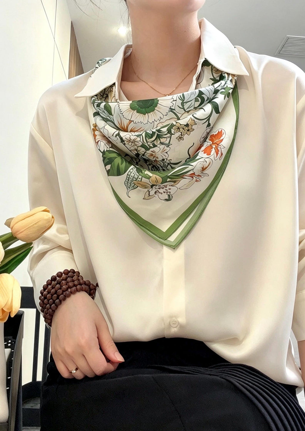 100% Mulberry Silk Scarf 26”x26” 65x65 cm Greenery Floral Silk Square Neck Scarf, Elegant Summer Silk Hair Wrap, Luxury Gift for Her