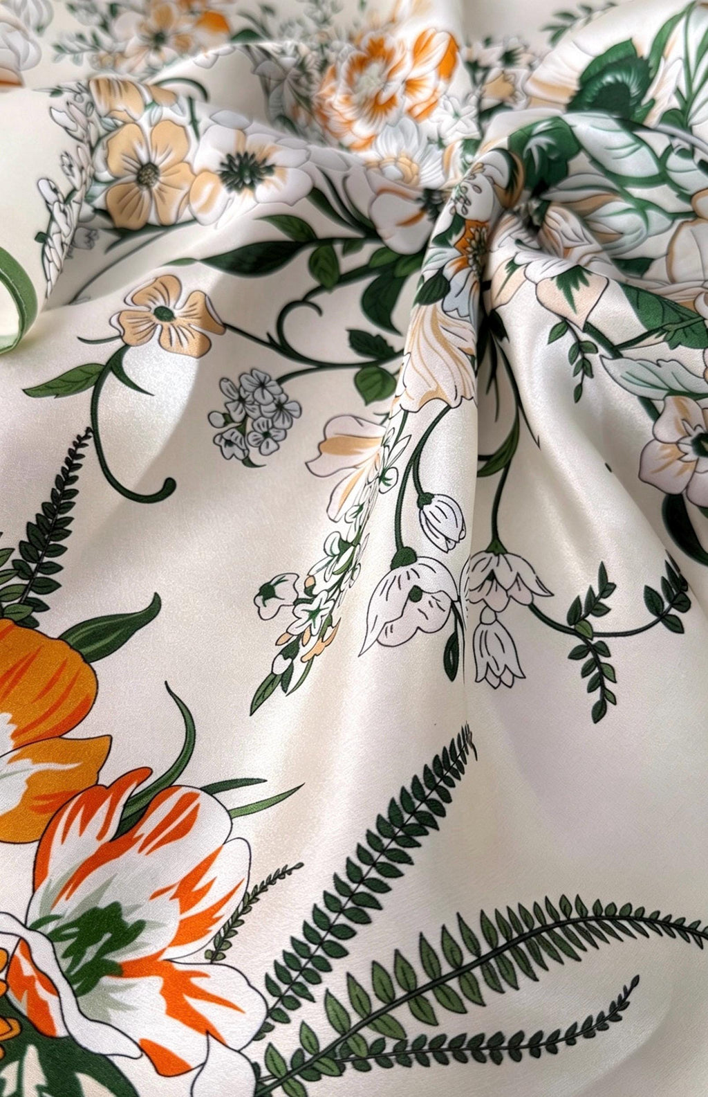 100% Mulberry Silk Scarf 26”x26” 65x65 cm Greenery Floral Silk Square Neck Scarf, Elegant Summer Silk Hair Wrap, Luxury Gift for Her
