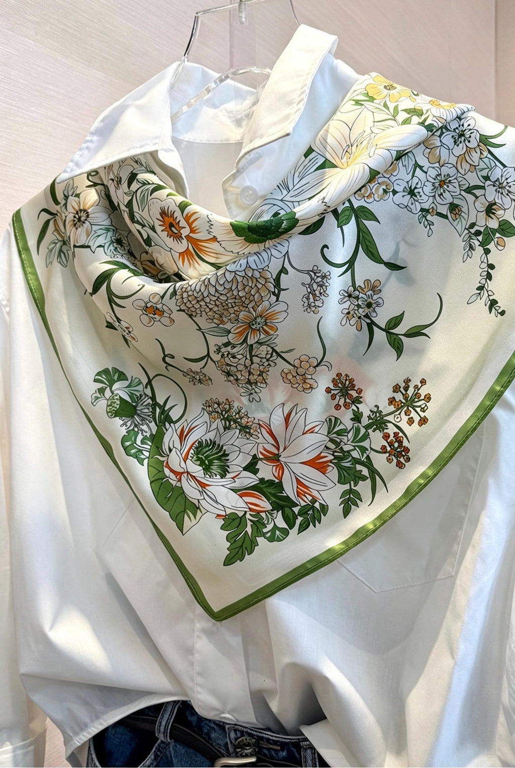 100% Mulberry Silk Scarf 26”x26” 65x65 cm Greenery Floral Silk Square Neck Scarf, Elegant Summer Silk Hair Wrap, Luxury Gift for Her