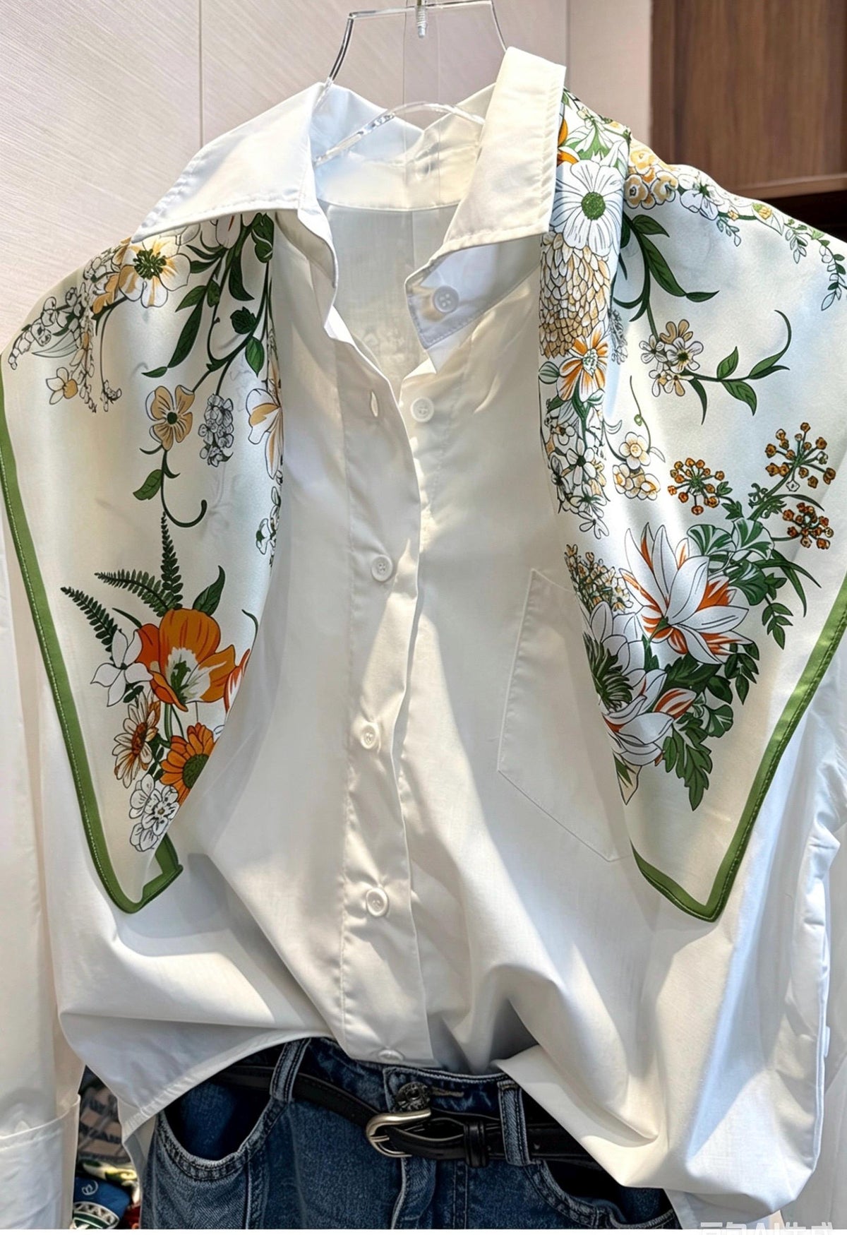 100% Mulberry Silk Scarf 26”x26” 65x65 cm Greenery Floral Silk Square Neck Scarf, Elegant Summer Silk Hair Wrap, Luxury Gift for Her