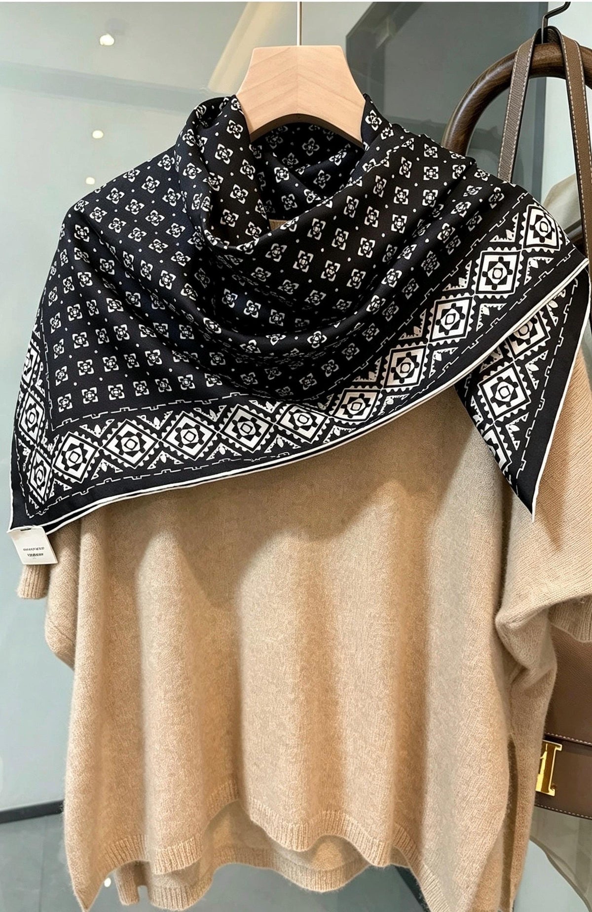 100% Silk Scarf 35"x35" 88x88cm, Black White Space Silk Twill Scarf, Quiet Luxury Large Square Bandana, Old Money Aesthetic Gift