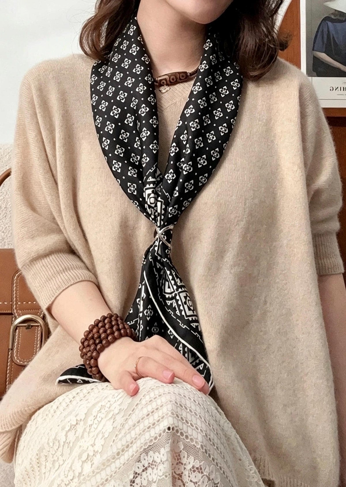 100% Silk Scarf 35"x35" 88x88cm, Black White Space Silk Twill Scarf, Quiet Luxury Large Square Bandana, Old Money Aesthetic Gift