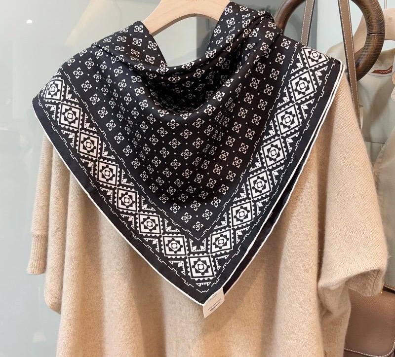 100% Silk Scarf 35"x35" 88x88cm, Black White Space Silk Twill Scarf, Quiet Luxury Large Square Bandana, Old Money Aesthetic Gift