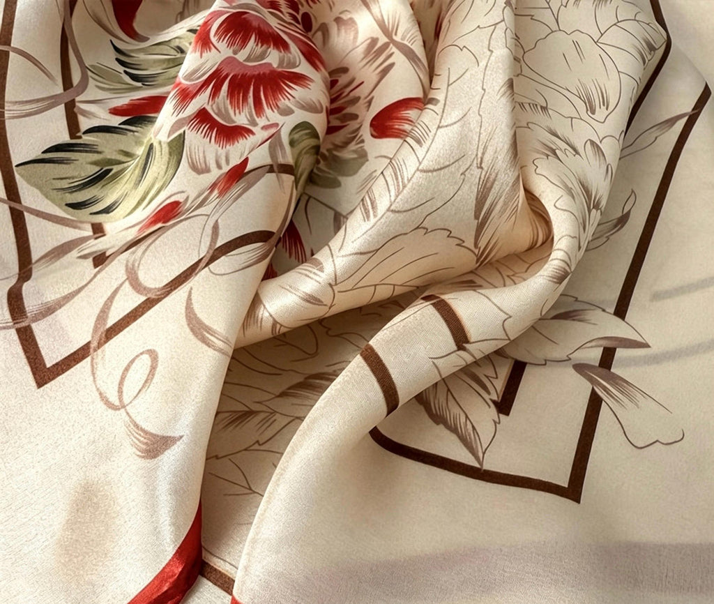 100% Mulberry Silk Scarf 26”x26” 65x65 cm, Peony Floral Silk Square Scarf Hanfu Accessories Elegant Chinese Style Neckerchief Bandana Gift