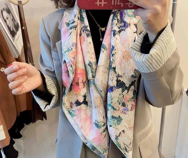 100% Silk Wool Scarf 35"x35" 88x88cm, March Blossom Flower Sea Silk Scarf, Quiet Luxury 14mm Twill Bandana, Old Money Aesthetic Gift
