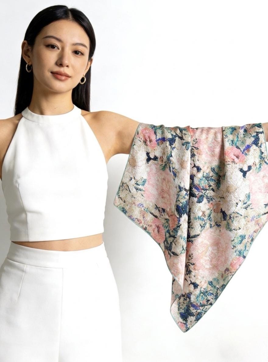 100% Silk Wool Scarf 35"x35" 88x88cm, March Blossom Flower Sea Silk Scarf, Quiet Luxury 14mm Twill Bandana, Old Money Aesthetic Gift