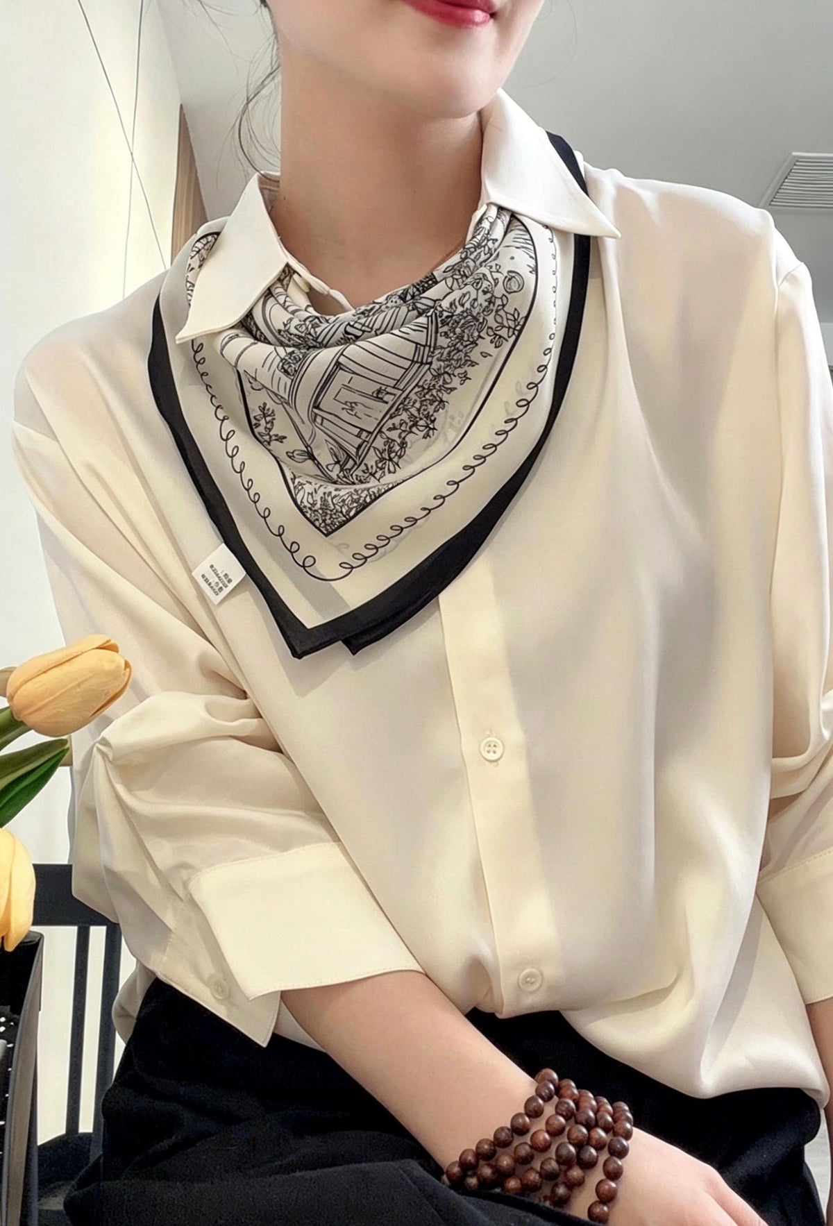 100% Mulberry Silk Scarf 26”x26” 65x65 cm, Minimalist Black White Paris Street Scene Silk Square Scarf Parisian Aesthetic Bandana Silk Tie