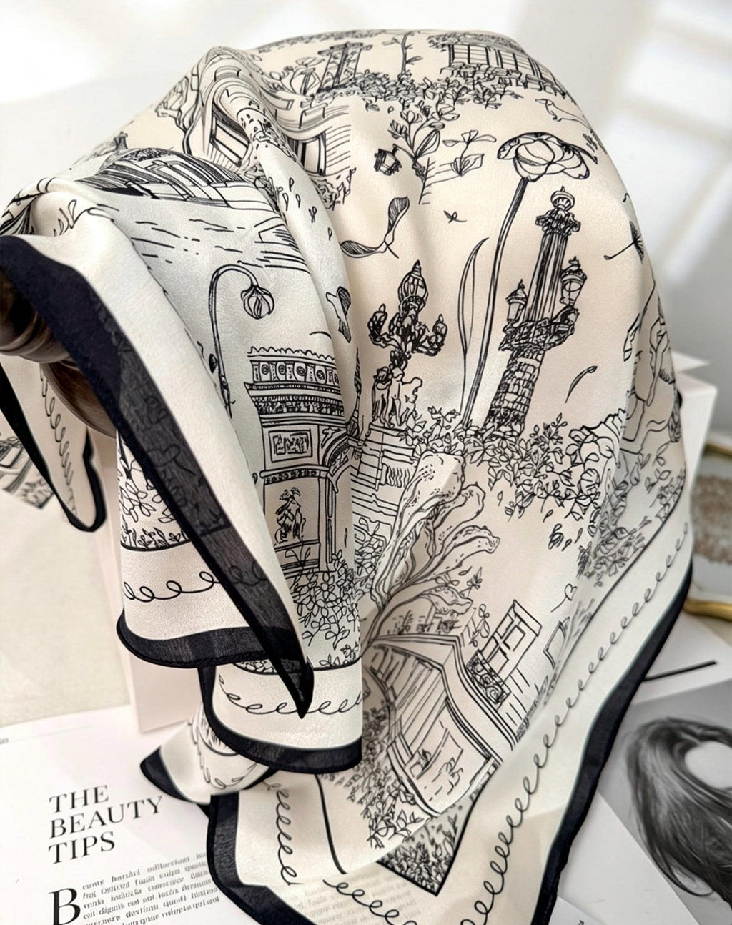 100% Mulberry Silk Scarf 26”x26” 65x65 cm, Minimalist Black White Paris Street Scene Silk Square Scarf Parisian Aesthetic Bandana Silk Tie