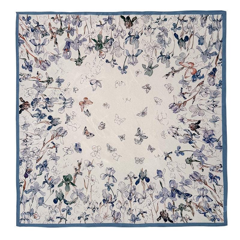 100% Mulberry Silk Scarf 26"x26" 65x65CM, Floral Butterfly Square Bandana, Silk Crepe de Chine Neck Scarf, Luxury Summer Gift for Her