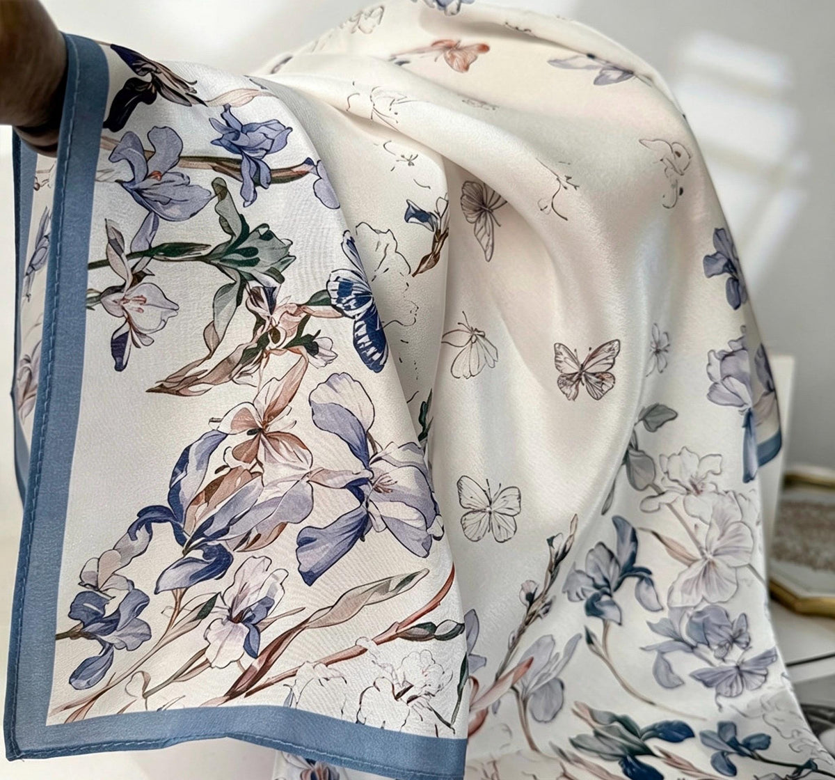 100% Mulberry Silk Scarf 26"x26" 65x65CM, Floral Butterfly Square Bandana, Silk Crepe de Chine Neck Scarf, Luxury Summer Gift for Her