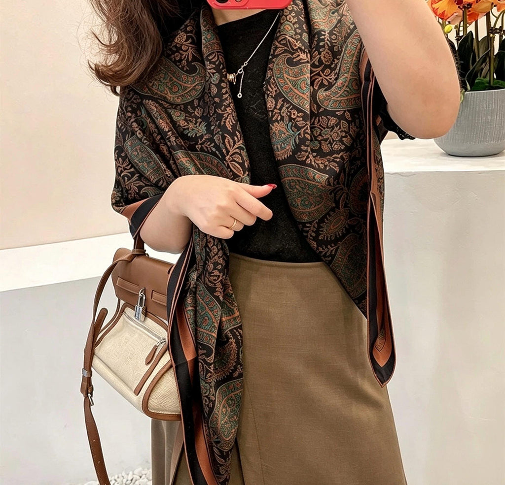 100% Mulberry Silk Scarf 42"x42" 108x108cm, Vintage Paisley Satin Shawl, Elegant Silk Hair Wrap, Large Square Scarf Gift for Her