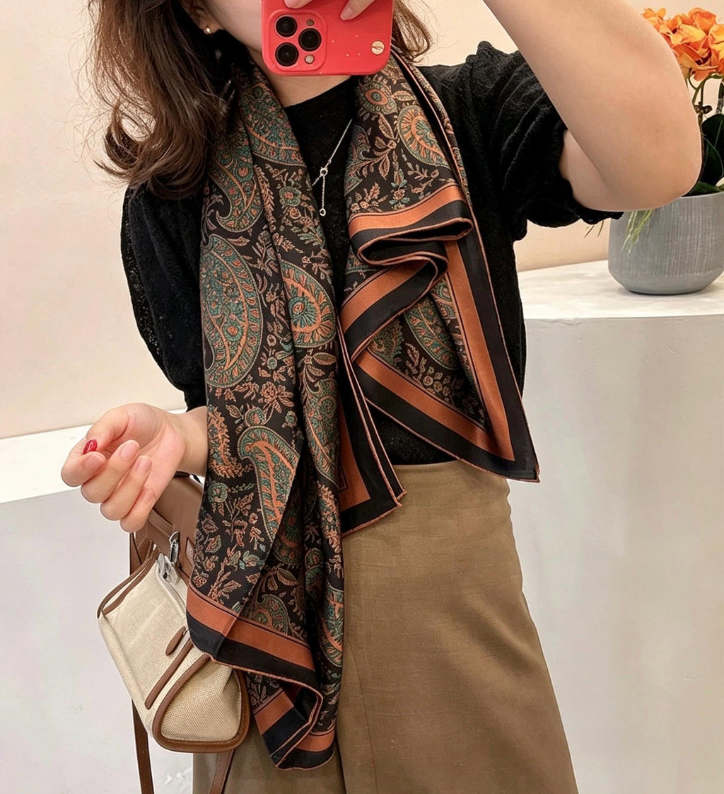 100% Mulberry Silk Scarf 42"x42" 108x108cm, Vintage Paisley Satin Shawl, Elegant Silk Hair Wrap, Large Square Scarf Gift for Her