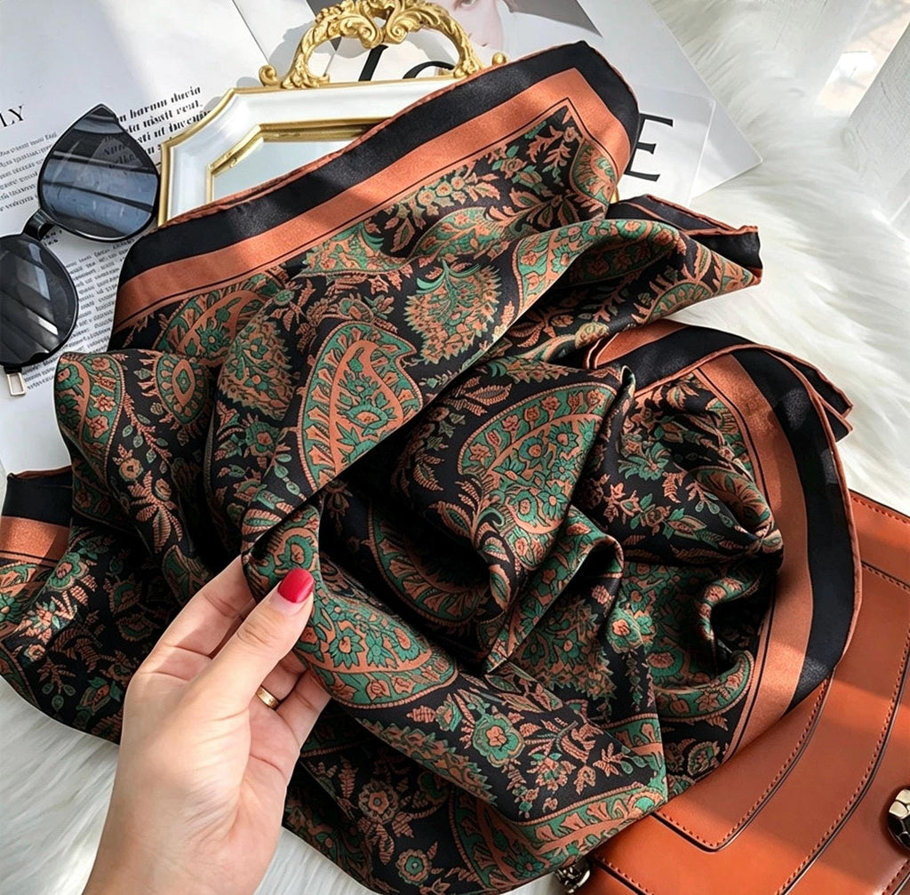 100% Mulberry Silk Scarf 42"x42" 108x108cm, Vintage Paisley Satin Shawl, Elegant Silk Hair Wrap, Large Square Scarf Gift for Her