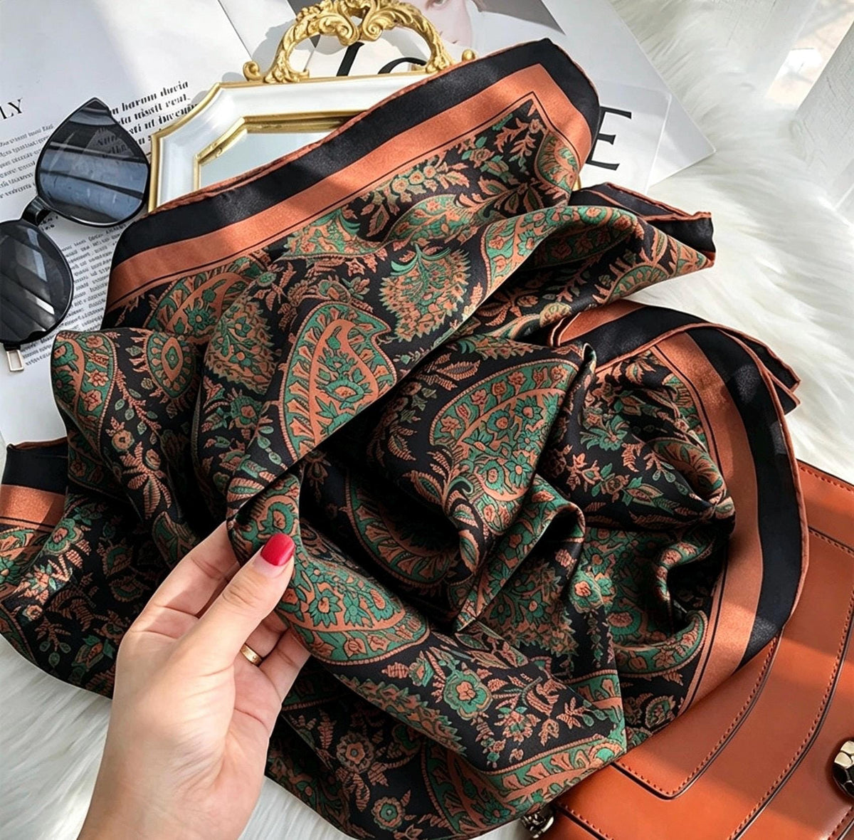 100% Mulberry Silk Scarf 42"x42" 108x108cm, Vintage Paisley Satin Shawl, Elegant Silk Hair Wrap, Large Square Scarf Gift for Her