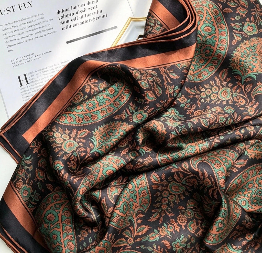 100% Mulberry Silk Scarf 42"x42" 108x108cm, Vintage Paisley Satin Shawl, Elegant Silk Hair Wrap, Large Square Scarf Gift for Her