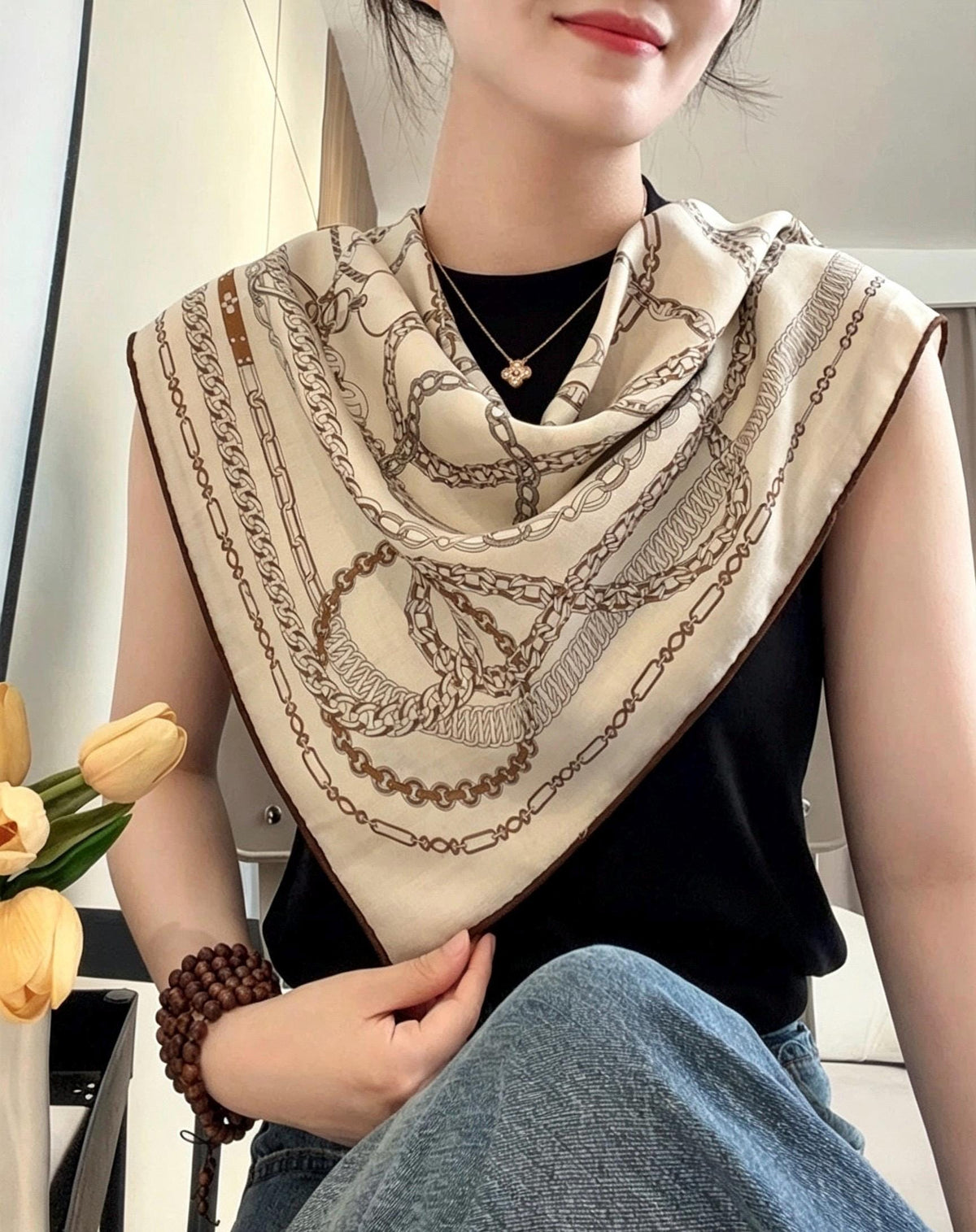 Silk Wool Blend Scarf 26"x26" 65x65CM, Square Scarf, Luxury Khaki Neck Head Scarf, Old Money Aesthetic, Intellectual Gift