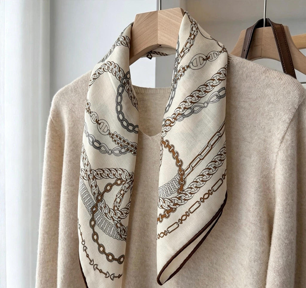 Silk Wool Blend Scarf 26"x26" 65x65CM, Square Scarf, Luxury Khaki Neck Head Scarf, Old Money Aesthetic, Intellectual Gift