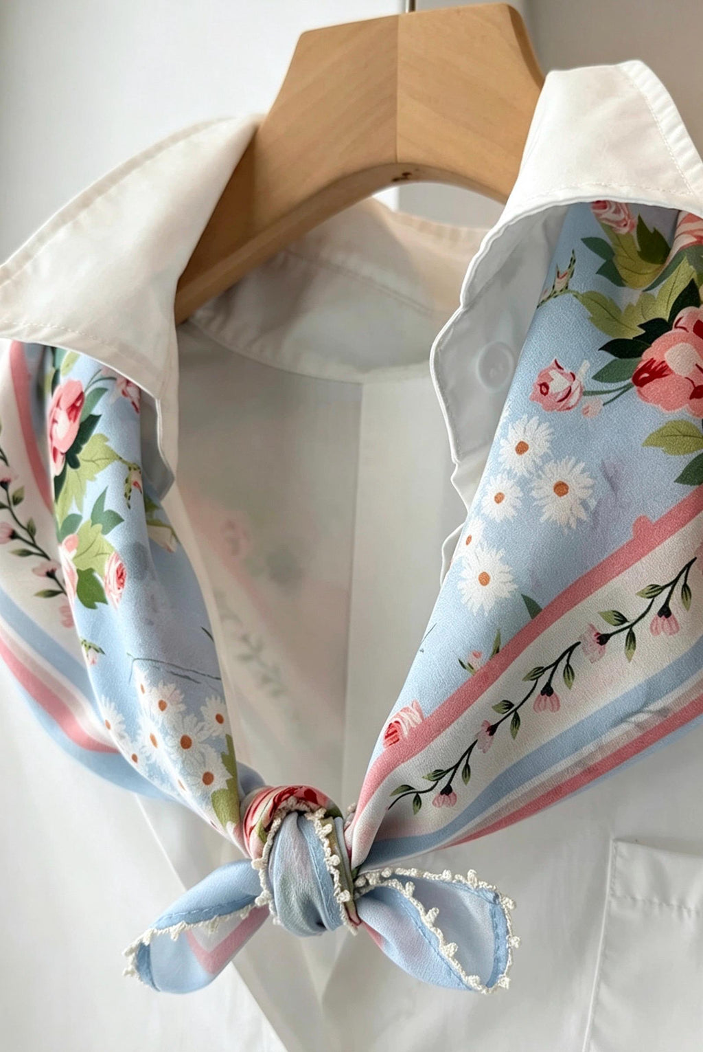 100% Mulberry Silk Scarf 26"x26" 65x65CM, Light Blue Floral Silk Bandana, Fresh Summer Neckerchief, Pastel Cottagecore Hair Head Scarf Gift