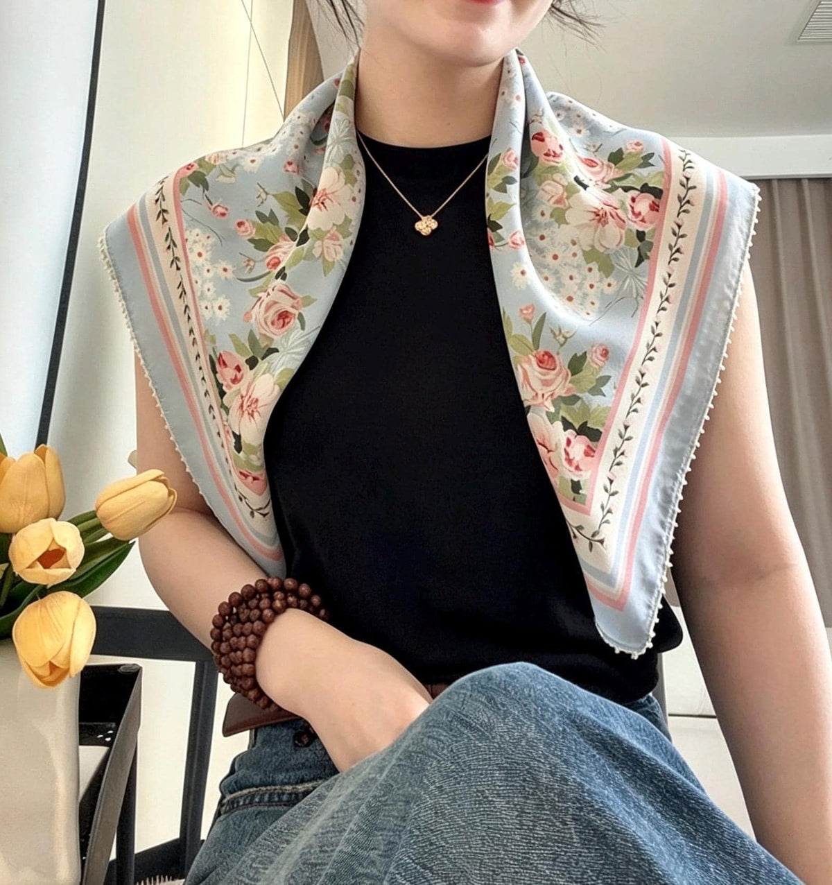 100% Mulberry Silk Scarf 26"x26" 65x65CM, Light Blue Floral Silk Bandana, Fresh Summer Neckerchief, Pastel Cottagecore Hair Head Scarf Gift