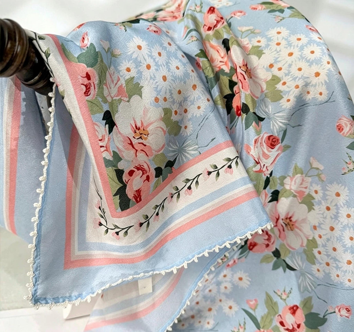 100% Mulberry Silk Scarf 26"x26" 65x65CM, Light Blue Floral Silk Bandana, Fresh Summer Neckerchief, Pastel Cottagecore Hair Head Scarf Gift