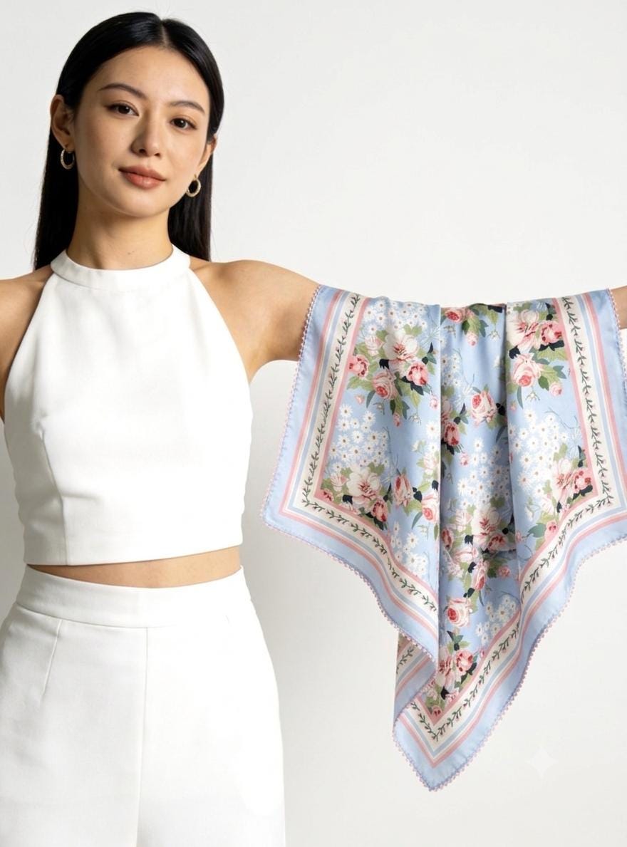100% Mulberry Silk Scarf 26"x26" 65x65CM, Light Blue Floral Silk Bandana, Fresh Summer Neckerchief, Pastel Cottagecore Hair Head Scarf Gift