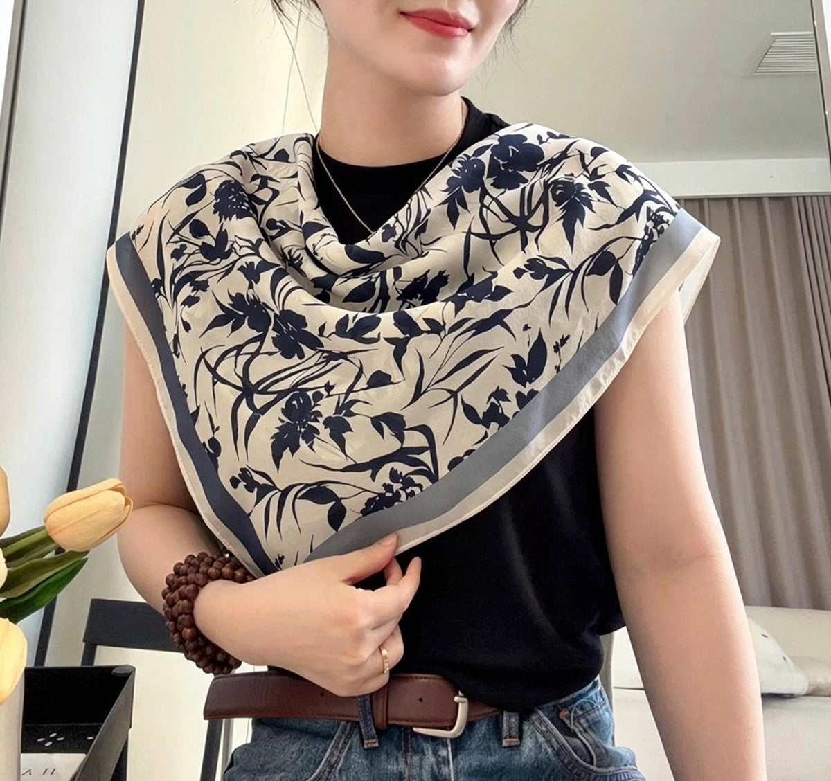 100% Silk Wool Scarf 26"x26" 65x65cm, Elegant Navy Blue Crepe De Chine Silk Scarf, Quiet Luxury Neckerchief, Old Money Aesthetic Bandana Gif