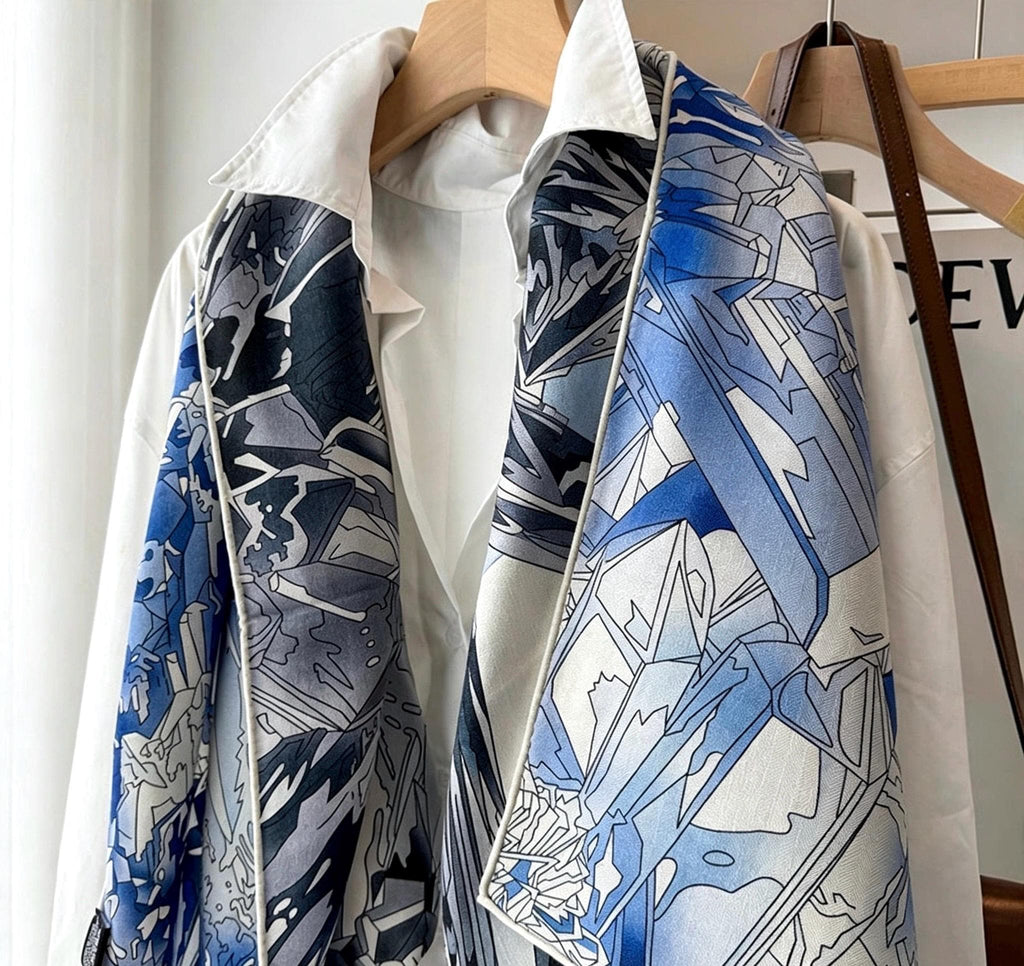 100% Wool Silk Blend Scarf 53"x53" 135x135cm, Reversible Double Sided Shawl, Romantic Ice Blue Wrap, Luxury Warm Winter Gift for Her