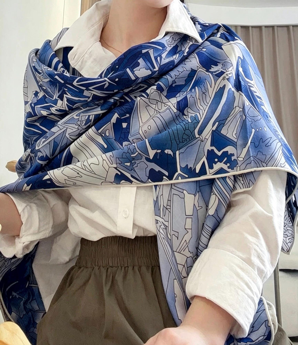 100% Wool Silk Blend Scarf 53"x53" 135x135cm, Reversible Double Sided Shawl, Romantic Ice Blue Wrap, Luxury Warm Winter Gift for Her