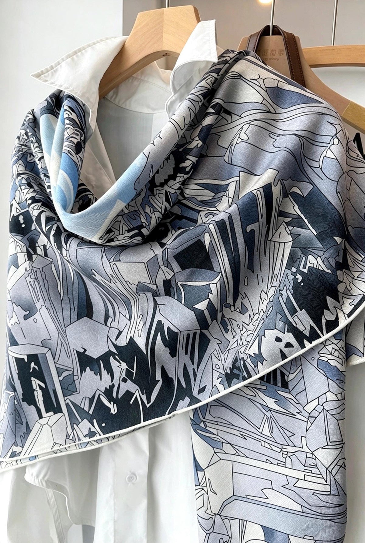100% Wool Silk Blend Scarf 53"x53" 135x135cm, Reversible Double Sided Shawl, Romantic Ice Blue Wrap, Luxury Warm Winter Gift for Her