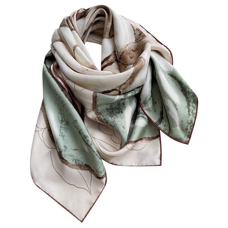 100% Silk Wool Scarf 35"x35" 88x88cm, Gentle Camellia Vibe Silk Twill Scarf, Quiet Luxury Large Square Bandana, Old Money Aesthetic Gift