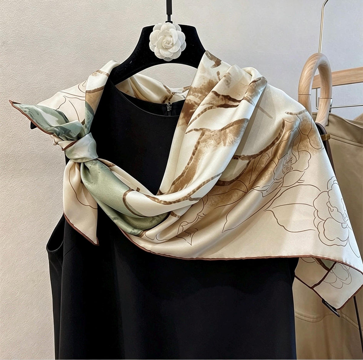 100% Silk Wool Scarf 35"x35" 88x88cm, Gentle Camellia Vibe Silk Twill Scarf, Quiet Luxury Large Square Bandana, Old Money Aesthetic Gift