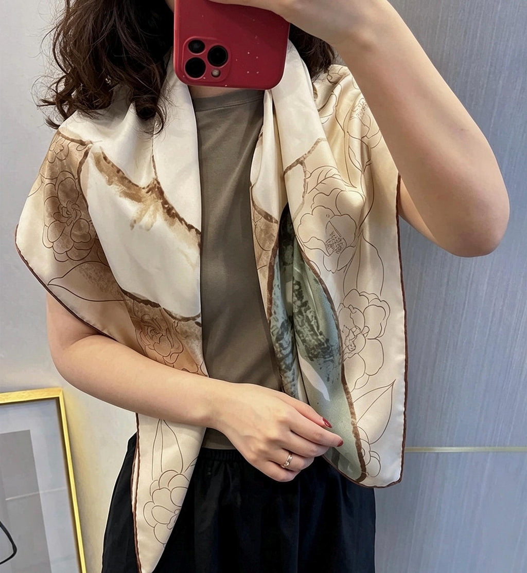 100% Silk Wool Scarf 35"x35" 88x88cm, Gentle Camellia Vibe Silk Twill Scarf, Quiet Luxury Large Square Bandana, Old Money Aesthetic Gift
