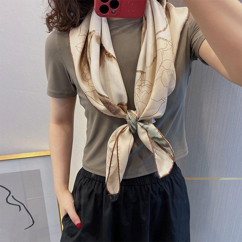 100% Silk Wool Scarf 35"x35" 88x88cm, Gentle Camellia Vibe Silk Twill Scarf, Quiet Luxury Large Square Bandana, Old Money Aesthetic Gift