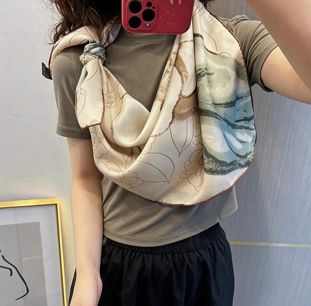 100% Silk Wool Scarf 35"x35" 88x88cm, Gentle Camellia Vibe Silk Twill Scarf, Quiet Luxury Large Square Bandana, Old Money Aesthetic Gift