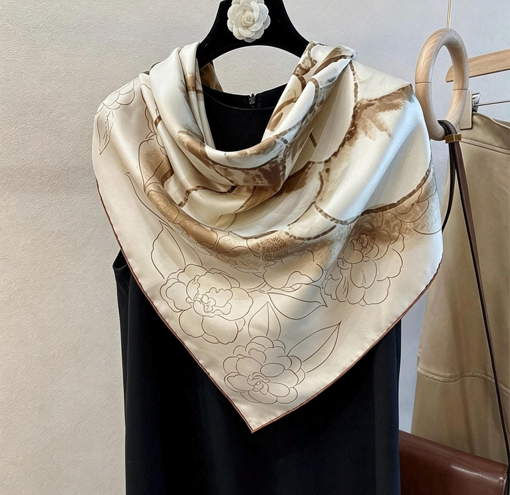 100% Silk Wool Scarf 35"x35" 88x88cm, Gentle Camellia Vibe Silk Twill Scarf, Quiet Luxury Large Square Bandana, Old Money Aesthetic Gift