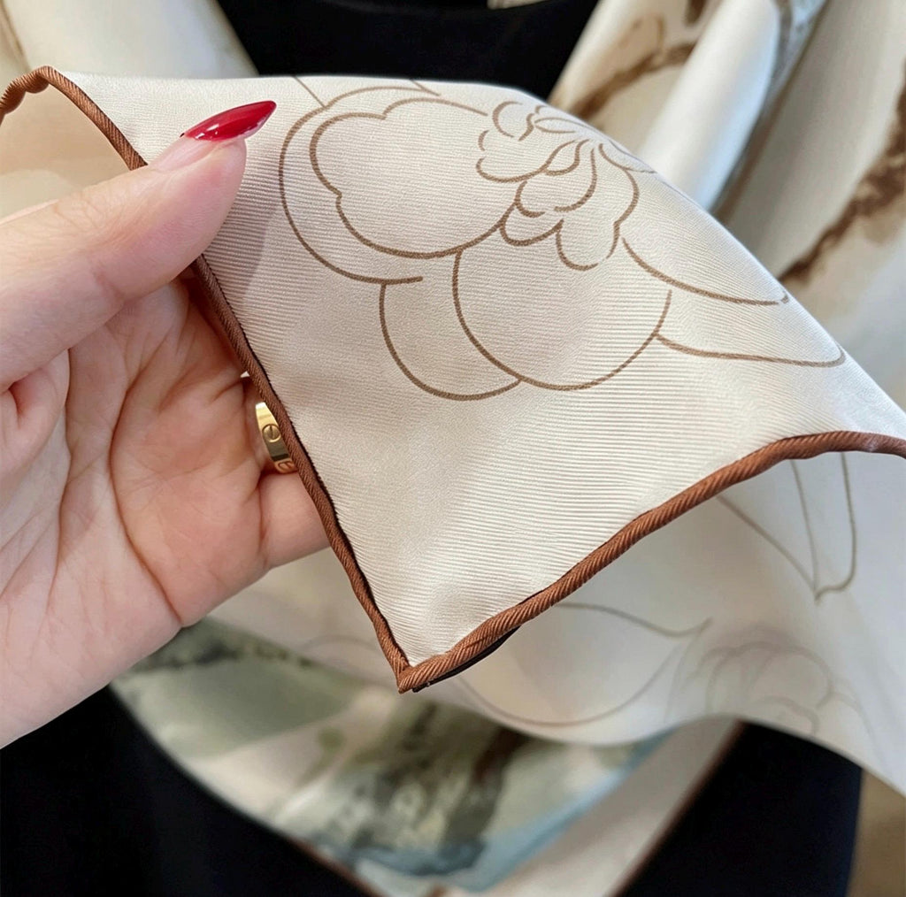 100% Silk Wool Scarf 35"x35" 88x88cm, Gentle Camellia Vibe Silk Twill Scarf, Quiet Luxury Large Square Bandana, Old Money Aesthetic Gift