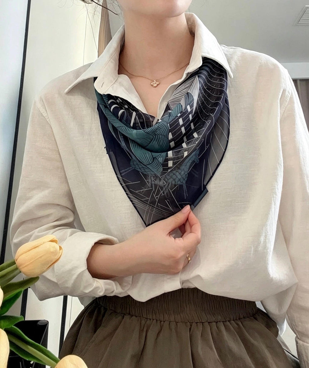100% Mulberry Silk Scarf 26"x26" 65x65cm, Vintage Horse Print, Silk Georgette Sheer Square Wrap, European Equestrian Gift for Her