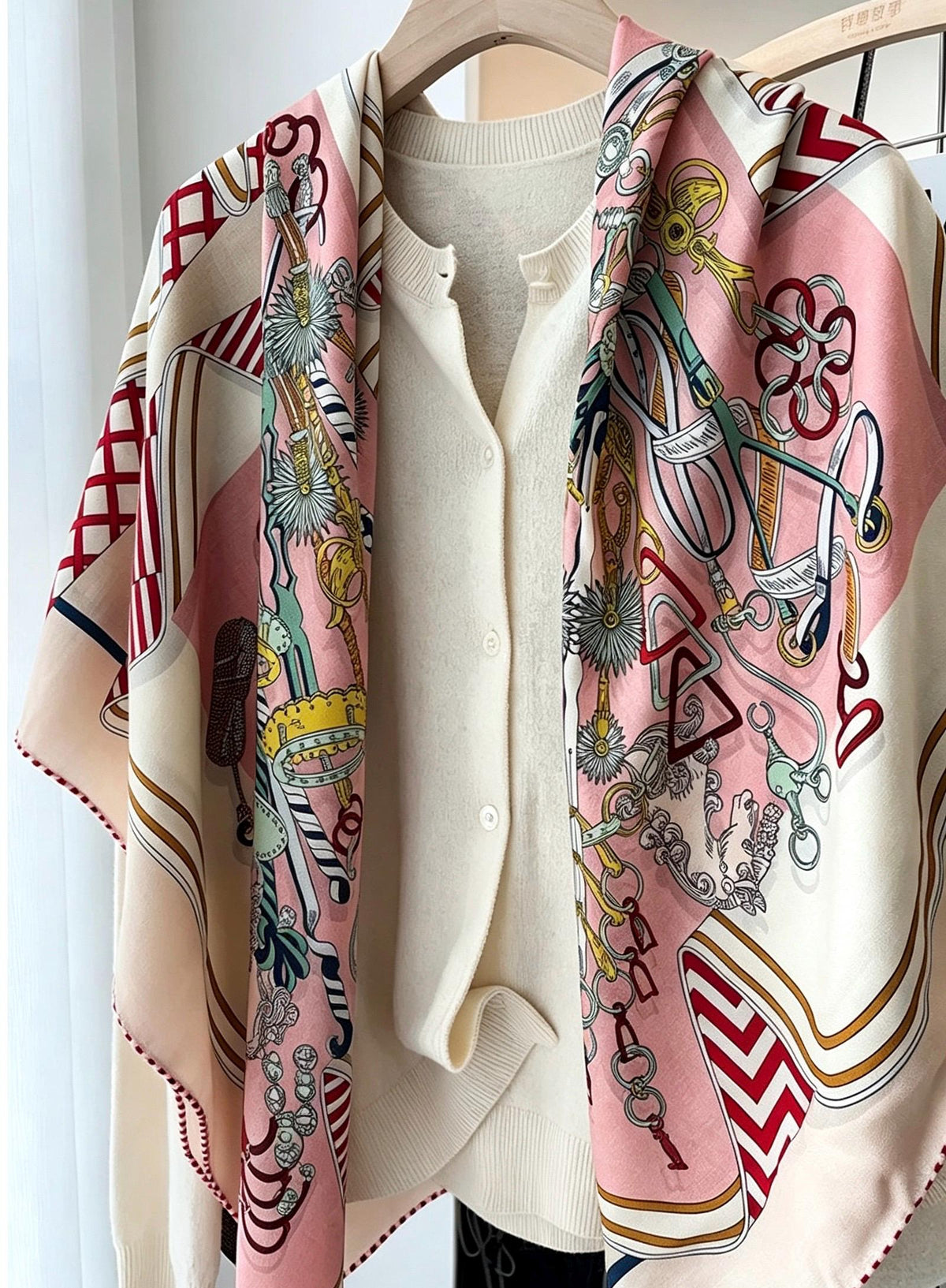 100% Silk Wool Scarf 53"x53" 135x135cm, Symmetrical Saddle Art Luxury Shawl, Quiet Luxury Large Square Wrap, Old Money Aesthetic Gift