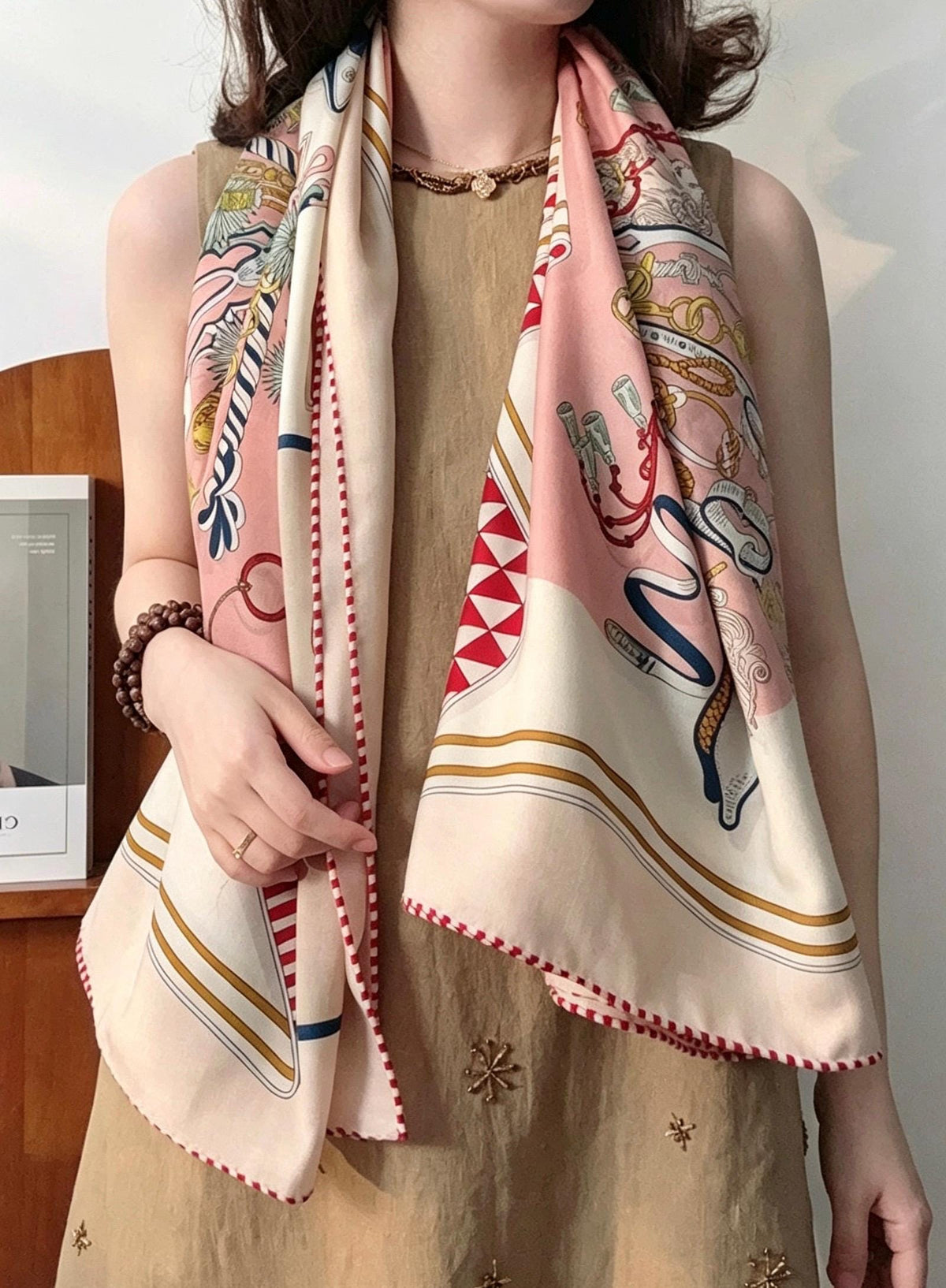 100% Silk Wool Scarf 53"x53" 135x135cm, Symmetrical Saddle Art Luxury Shawl, Quiet Luxury Large Square Wrap, Old Money Aesthetic Gift