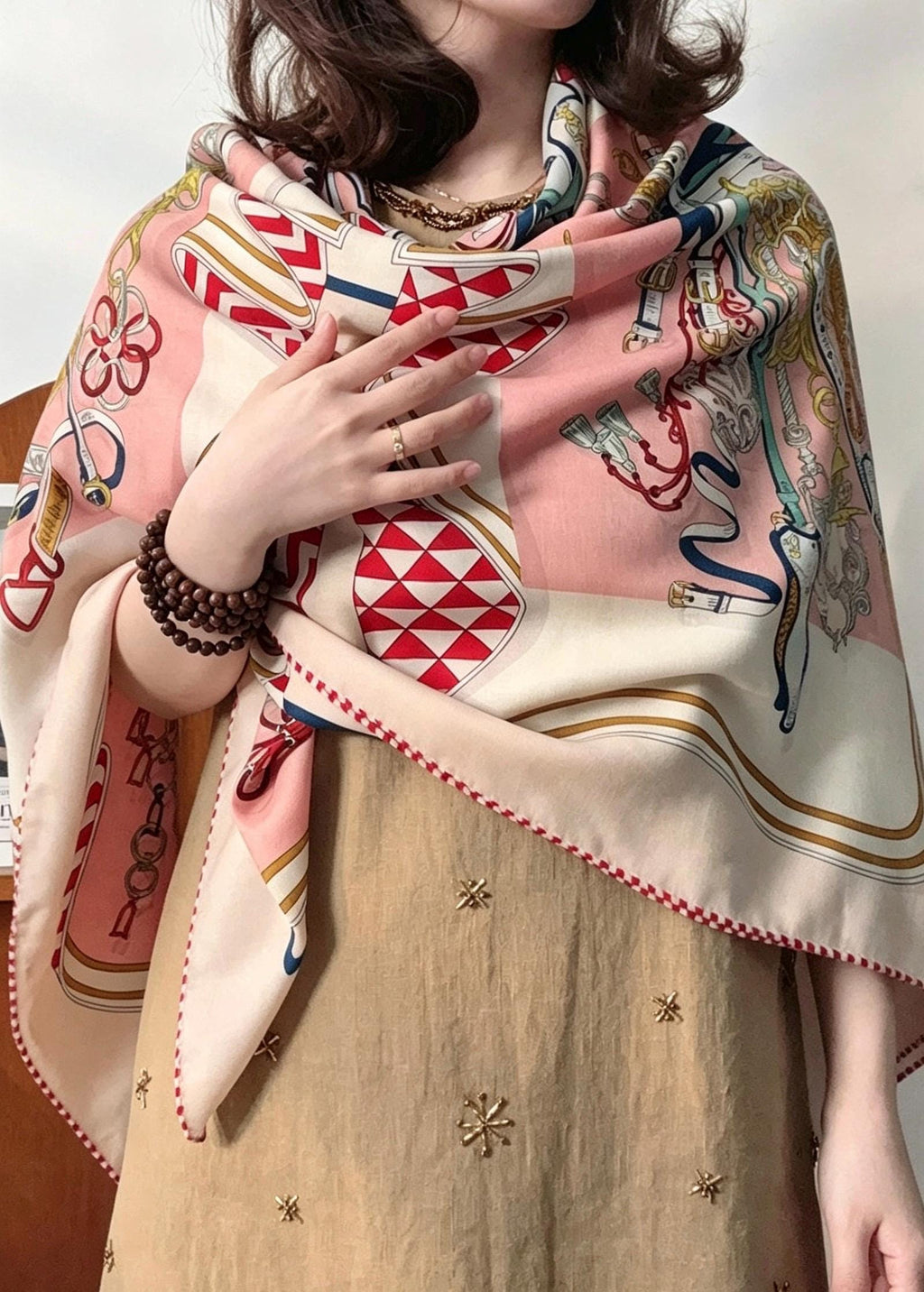 100% Silk Wool Scarf 53"x53" 135x135cm, Symmetrical Saddle Art Luxury Shawl, Quiet Luxury Large Square Wrap, Old Money Aesthetic Gift