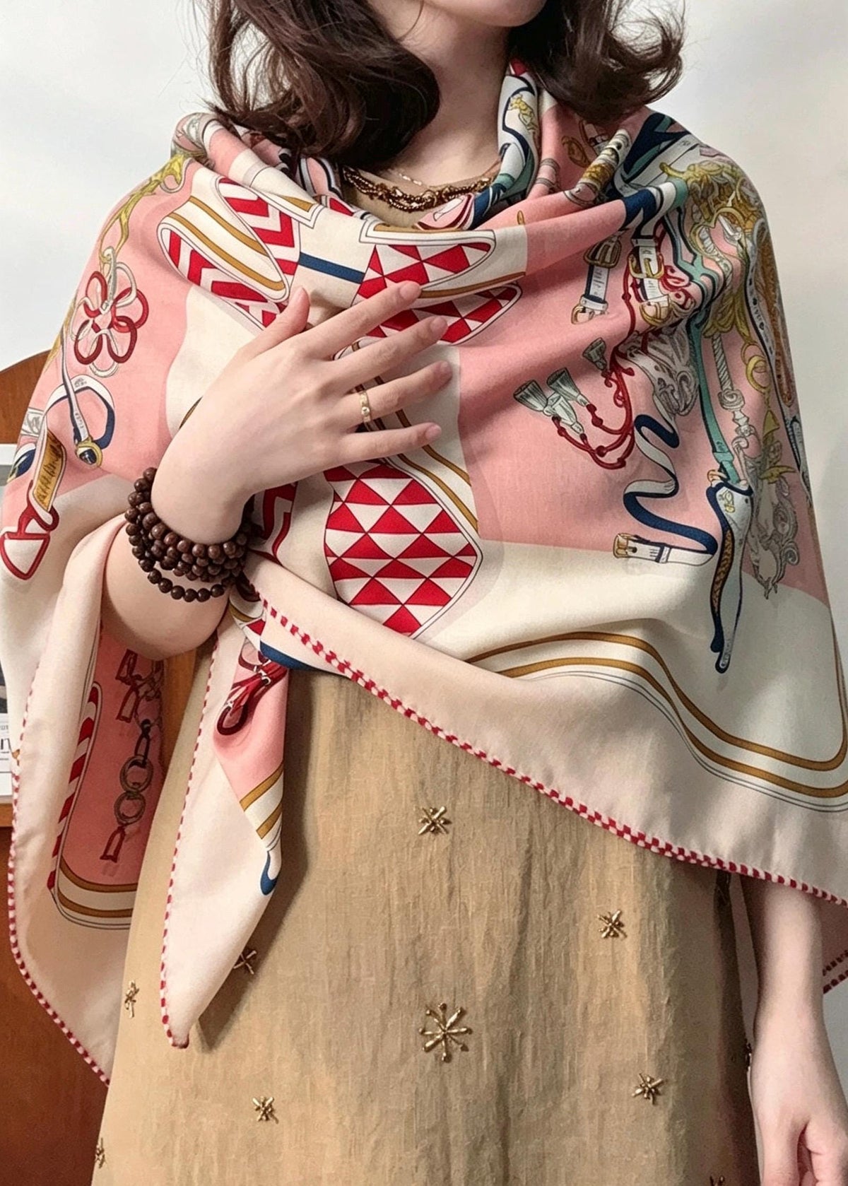 100% Silk Wool Scarf 53"x53" 135x135cm, Symmetrical Saddle Art Luxury Shawl, Quiet Luxury Large Square Wrap, Old Money Aesthetic Gift