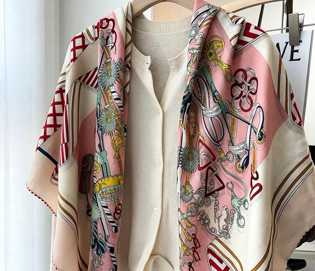 100% Silk Wool Scarf 53"x53" 135x135cm, Symmetrical Saddle Art Luxury Shawl, Quiet Luxury Large Square Wrap, Old Money Aesthetic Gift
