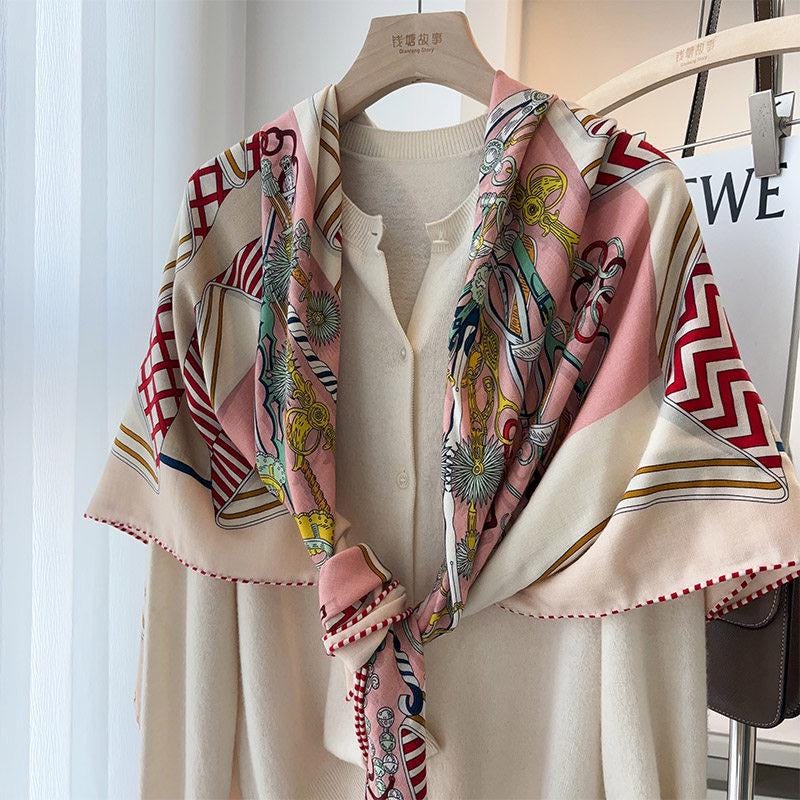 100% Silk Wool Scarf 53"x53" 135x135cm, Symmetrical Saddle Art Luxury Shawl, Quiet Luxury Large Square Wrap, Old Money Aesthetic Gift