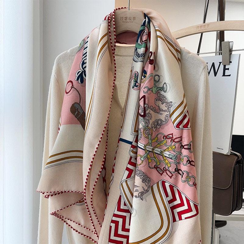 100% Silk Wool Scarf 53"x53" 135x135cm, Symmetrical Saddle Art Luxury Shawl, Quiet Luxury Large Square Wrap, Old Money Aesthetic Gift