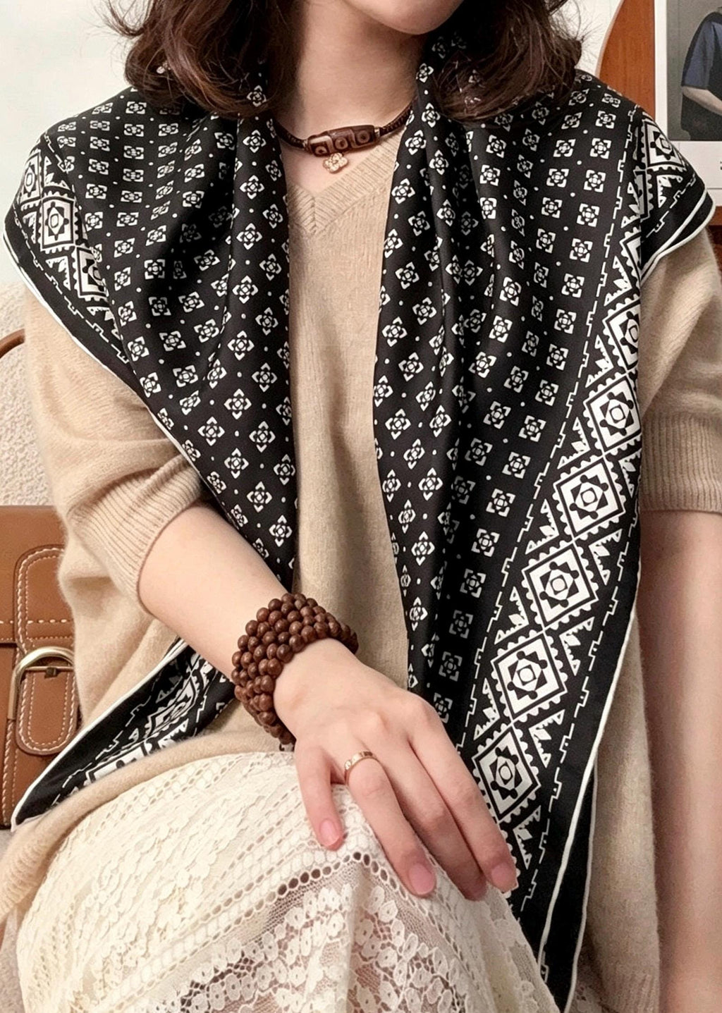 100% Silk Scarf 35"x35" 88x88cm, Black White Space Silk Twill Scarf, Quiet Luxury Large Square Bandana, Old Money Aesthetic Gift