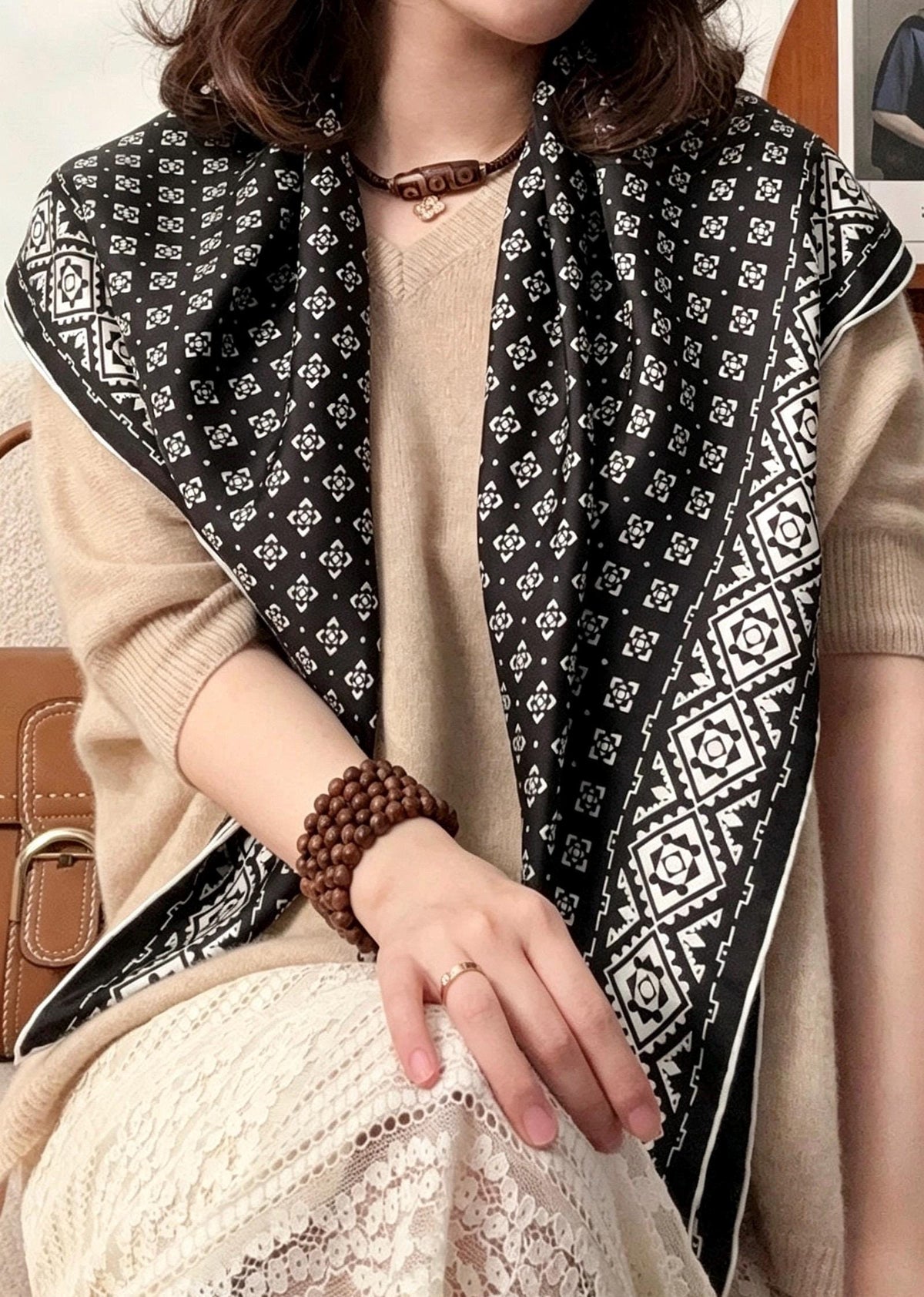 100% Silk Scarf 35"x35" 88x88cm, Black White Space Silk Twill Scarf, Quiet Luxury Large Square Bandana, Old Money Aesthetic Gift