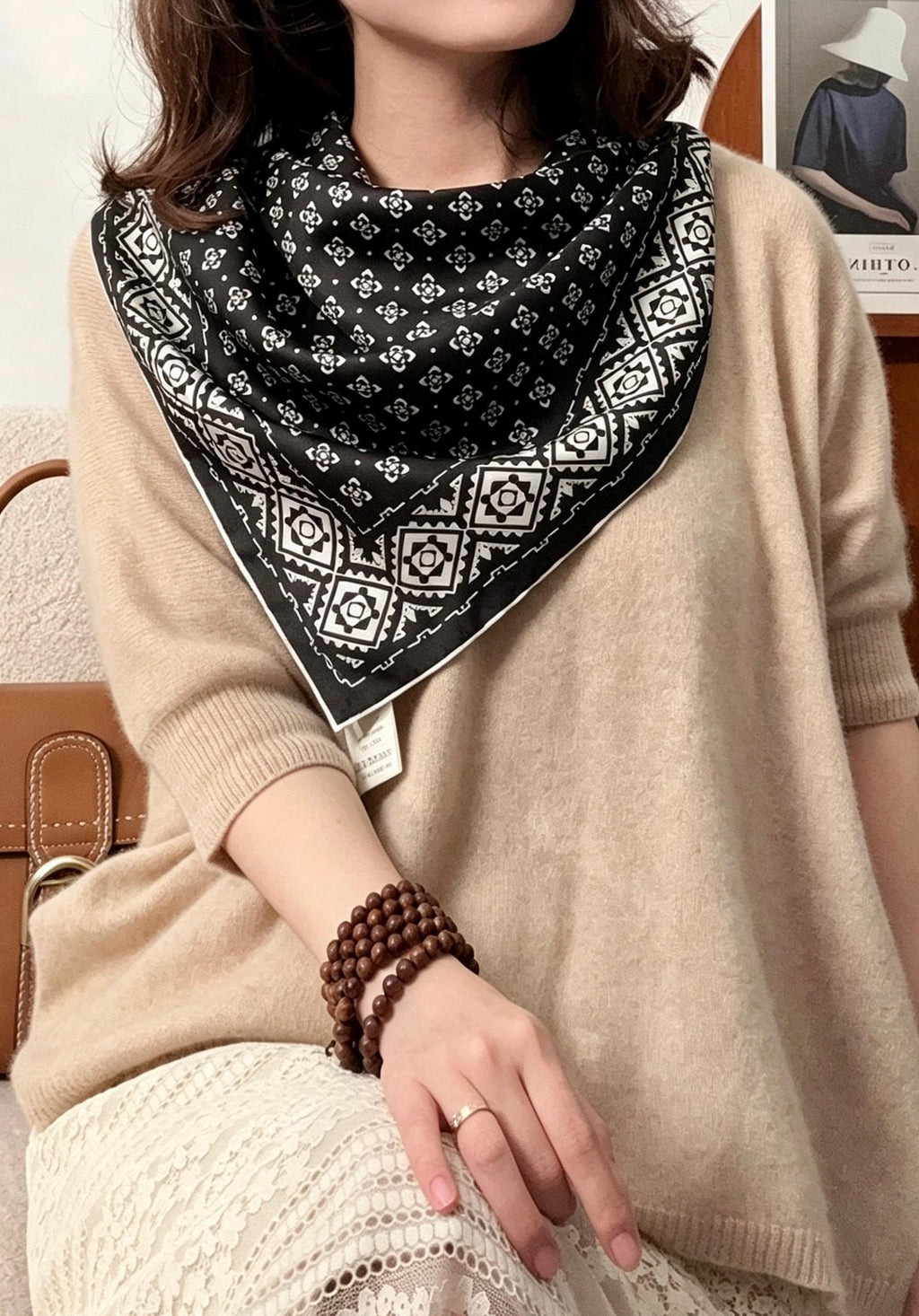 100% Silk Scarf 35"x35" 88x88cm, Black White Space Silk Twill Scarf, Quiet Luxury Large Square Bandana, Old Money Aesthetic Gift