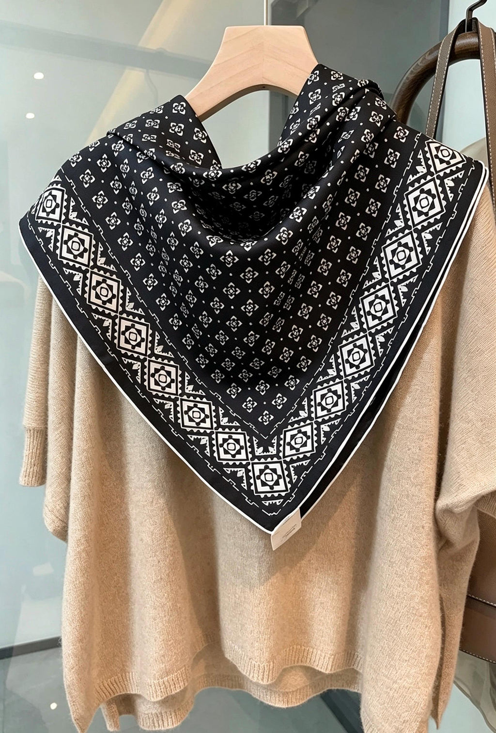 100% Silk Scarf 35"x35" 88x88cm, Black White Space Silk Twill Scarf, Quiet Luxury Large Square Bandana, Old Money Aesthetic Gift